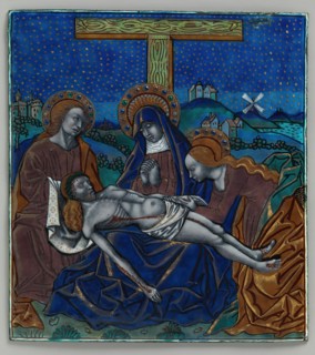 Triptych Panel with Pietá, French, 15th-16th century. Saint Catherine and Saint Sebastian with Christ on the knees of his mother