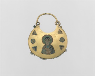 One of a Pair of Temple Pendants, with Busts of Male Saints Holding Martyr's Cross (front) and Leaf and Rosette Motifs (back), Kievan Rus', 11th-12th century.