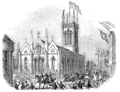 The procession, passing St. Michael's Church, Stamford, 1844. Creator: Unknown.