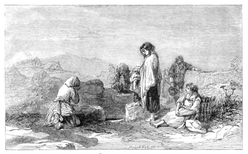 Pilgrims to the Holy Well - by F.W. Topham - from the new water colour exhibition, 1845. Creator: W. J. Linton.