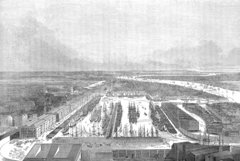 Bird's eye view of the London Docks, 1845. Creator: Unknown.