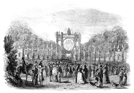 Grand festivities at Harewood House: triumphal arch - procession of tenantry etc, 1845. Creator: Unknown.