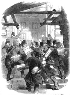 Deposits of railway plans with the Board of Trade - the rush at the door, 1845. Creator: Unknown.