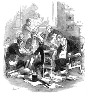 Eve of the 30th - correcting plans at a tavern, 1845. Creator: Unknown.