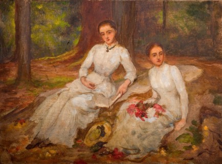 Two women in white seated in wooded glade