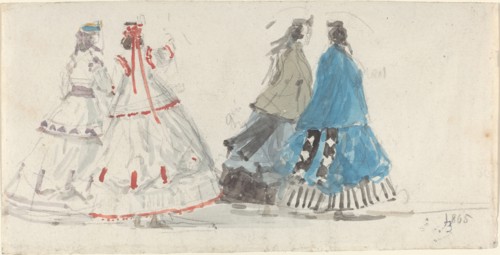 Four Ladies in Crinolines Walking at Trouville