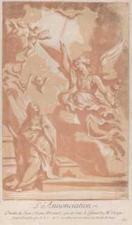 The Annunciation with the Virgin kneeling at left and Gabriel appearing at right