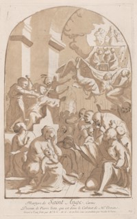 The martyrdom of Saint Angelo who in the upper left is being stabbed watched by horrifi...