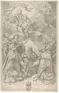 Patron saints of Bologna looking upwards at the Virgin who is seated in the clouds with...