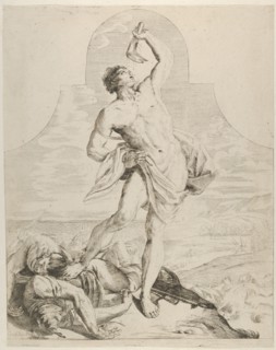 Samson holding the jaw bone of an ass over his head and standing next to the Philis...