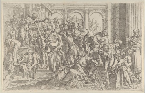 Saint Roch at left distributing alms to a group of people gathered around him