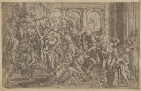 Saint Roch at left distributing alms to a group of people gathered around him