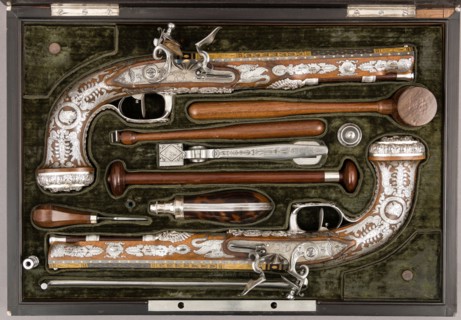 Cased Pair of Flintlock Pistols with Accessories