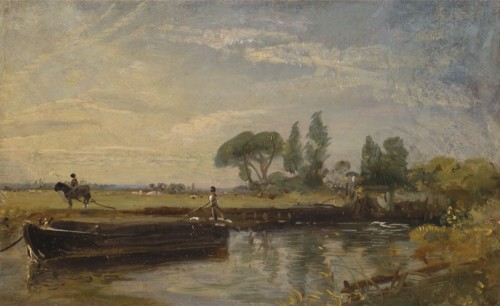 Barge below Flatford Lock;Flatford Lock, ca. 1810.