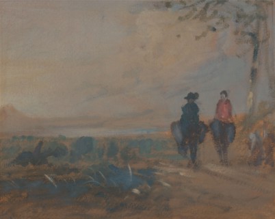 Landscape with Lake and Two Figures Riding;Landscape with Lake and two Figures Riding Donkeys, ca. 1820. Formerly attributed to Joseph Mallord William Turner and Peter DeWint