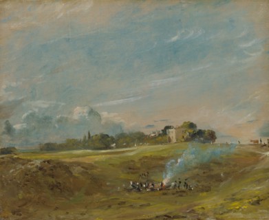 Hampstead Heath, with a Bonfire;Hampstead Heath;Hampstead Heath, with figures round a bonfire, ca. 1822.