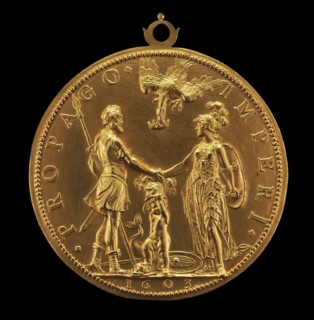 Louis XIII as Dauphin between Henri IV as Mars and Marie as Pallas Athena [reverse], 1603.