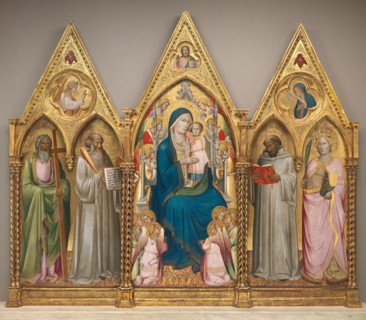 Madonna and Child with Saints Andrew, Benedict, Bernard, and Catherine of Alexandria with Angels [entire triptych], shortly before 1387.