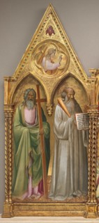 Saint Andrew and Saint Benedict with the Archangel Gabriel [left panel], shortly before 1387.