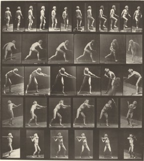 Plate Number 521. A: Walking. B: Ascending step. C. Throwing disk. D: Using shovel. E, F. Using pick, 1887.