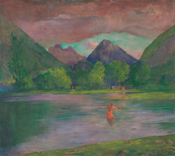 The Entrance to the Tautira River, Tahiti. Fisherman Spearing a Fish, c. 1895.