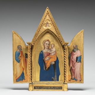 Madonna and Child, with Saints Peter and John the Evangelist, and Man of Sorrows [entire triptych], c. 1360.