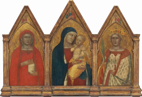 Madonna and Child with the Blessing Christ, and Saints Mary Magdalene and Catherine of Alexandria with Angels [entire triptych], probably 1340.