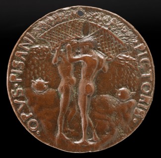Two Nude Men Carrying Baskets with Olive Branches [reverse], c. 1443.