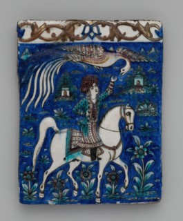 Tile with an Image of a Prince on Horseback, Iran, second half 19th century. Man on horseback with his hand extended toward Huma, the fabulous bird, embodiment of health and strength,