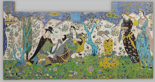 Garden Gathering, Iran, 1640-50. A woman displays burn marks, associated with mystics and lovers, on her lower arms to a merchant in European dress.