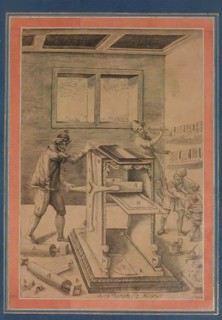 Copper Plate Printers at Work, Folio from the Davis Album, Iran, dated A.H. 1199/A.D. 1784-85. Copy of a printed illustration in the book Novo teatro di machine e edificii by Vittorio Zonca, published...