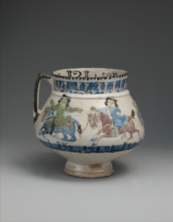 Ewer with Horsemen Inscribed in Arabic with Good Wishes to its Owner, Iran, second half 12th-early 13th century. Horsemen in procession between two rows of kufic inscription. Mina?i production.