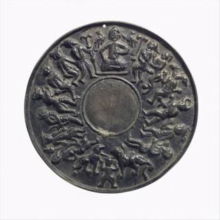Mirror, Northwestern Iran or Turkey, 12th-13th century. Scene interpreted as Solomon and his demons.