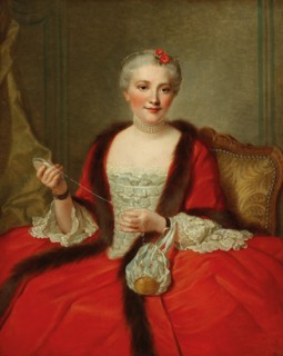 Portrait of an elegant lady, holding a weaving shuttle, 1751. Private Collection.