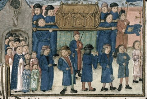 Procession of the relics of Saint Nicholas. From "Livre de la confrérie Saint-Nicolas de Valenciennes" (MS. 0536), Late 15th cen. Found in the collection of Institut de recherche et d?histoire des tex...