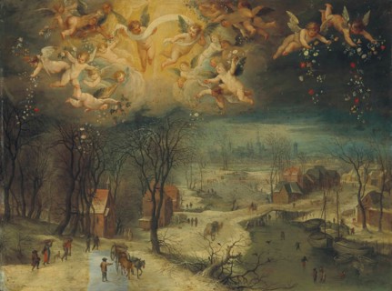 A winter landscape with villagers gathering wood and skaters on a frozen river, putti scattering flowers above, First third of 17th cen. Private Collection.