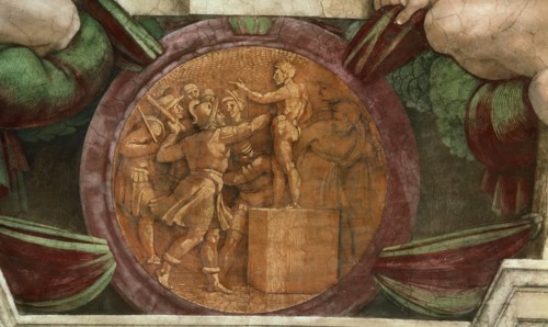 Medallion represents the Destruction of the Statue of the God Baal (Sistine Chapel ceiling in the Vatican), 1508-1512. Found in the collection of The Sistine Chapel, Vatican.