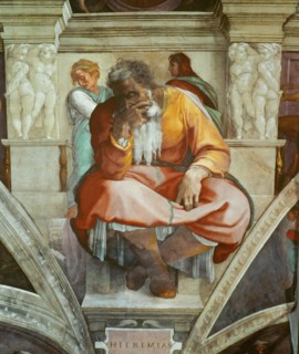 Prophets and Sibyls: Jeremiah (Sistine Chapel ceiling in the Vatican), 1508-1512. Found in the collection of The Sistine Chapel, Vatican.