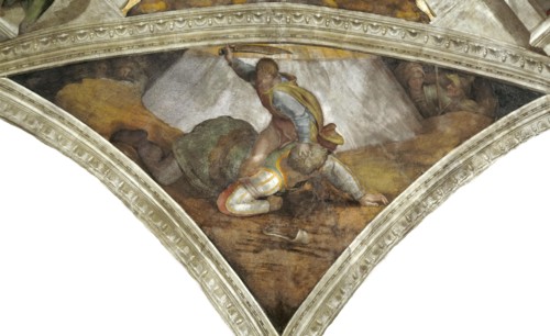 David and Goliath (Sistine Chapel ceiling in the Vatican), 1508-1512. Found in the collection of The Sistine Chapel, Vatican.