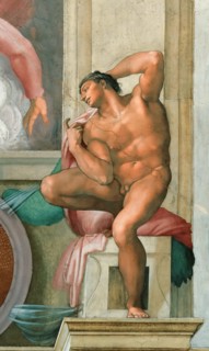 Ignudo (Sistine Chapel ceiling in the Vatican), 1508-1512. Found in the collection of The Sistine Chapel, Vatican.