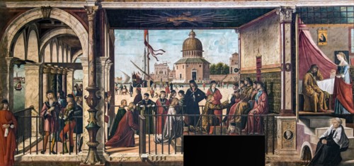 Arrival of the English Ambassadors at the Court of the King of Brittany (The Legend of Saint Ursula), 1495-1500. Found in the collection of Gallerie dell'Accademia, Venice.