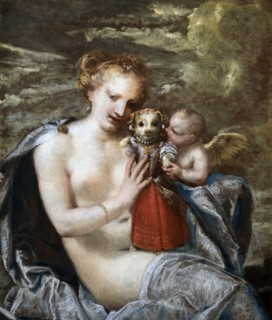 Venus, Cupid and little dog dressed as a child. Private Collection.
