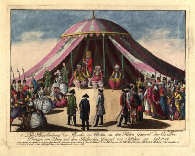 The deposition of the Pasha of Khotyn by the Prince Josias of Saxe-Coburg and General Ivan Saltykov in September 1788, 1788. Private Collection.