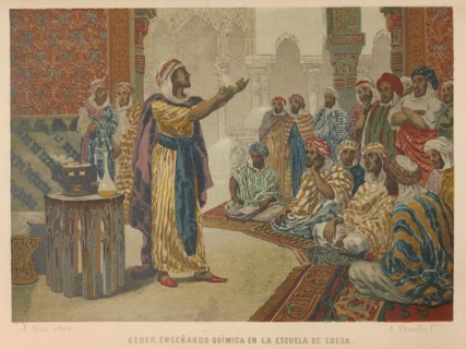 Geber teaching chemistry at the School of Edessa. From: La ciencia y sus hombres, 1879. Private Collection.