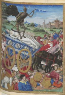 The triumph of Death: the death of Laura. Miniature from Pétrarque, Les Triomphes, 1500-1505. Found in the collection of Bibliothèque Nationale de France.