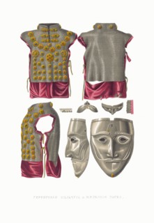Silver chain mail and helmet face mask. From the Antiquities of the Russian State, 1849-1853. Private Collection.
