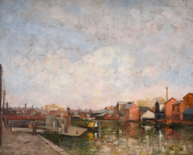 A Birmingham Canal Lock, 1920-30. View of Cambrian Wharf in Ladywood.