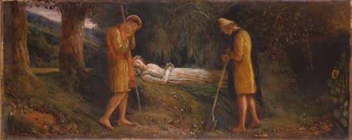 Imogen and the Shepherds 1860-1870. An illustration of Cymbeline Act IV, sc ii. The brothers Guiderius and Arveragus mourning over Imogen. This painting was part of a collection of 8 works including 5...