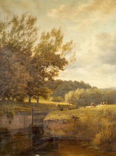 Wooded Landscape with Boy Fishing in a Lock, 1931.