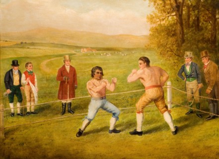 A Birmingham Prize Fight, 1789. Painting depicts a fight between Tom Johnson, Champion of England and Isaac Perrins of Birmingham. According to the Gentleman's Magazine of October 1789, Johnson won af...